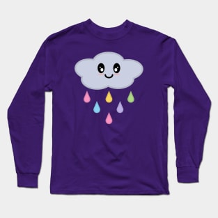 Kawaii Cute Rainbow Raindrop Rain Cloud in Purple Long Sleeve T-Shirt